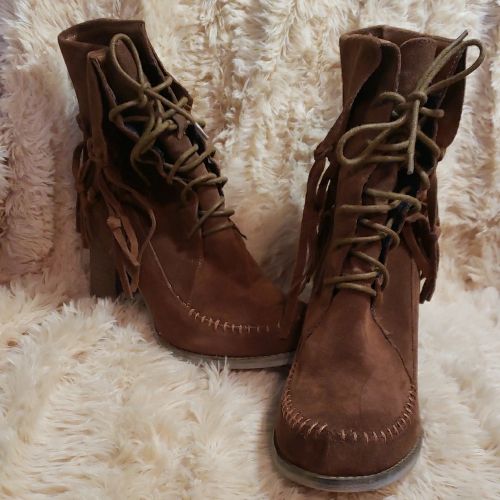 Sbicca Suede Fringe Women's Boots, Leather Ankle Boots With Block Heel